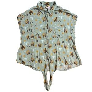 Ariat Western Cactus Bull Skull Print Tie Front Short Sleeve Button Up Shirt XS